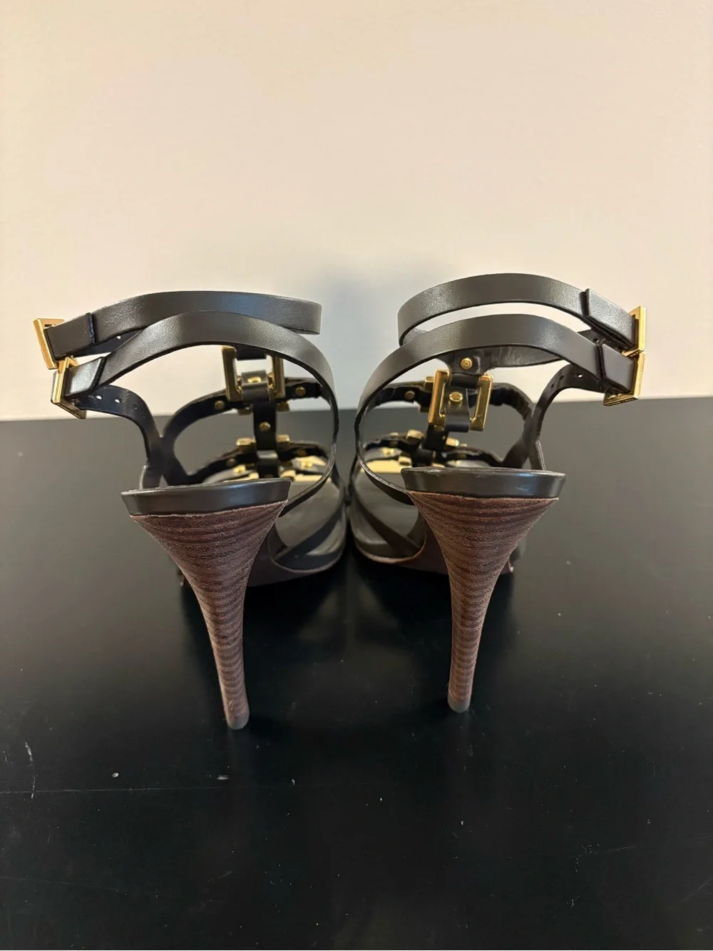 Tory Burch Black Leather Strappy Heels with Gold Hardware